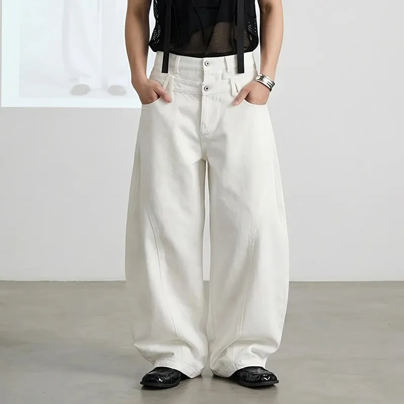 Spring American Style Double Waistband Deconstructed Men's Boot Cut White Jeans Trendy Loose Wide Leg Denim Pants 9X2187