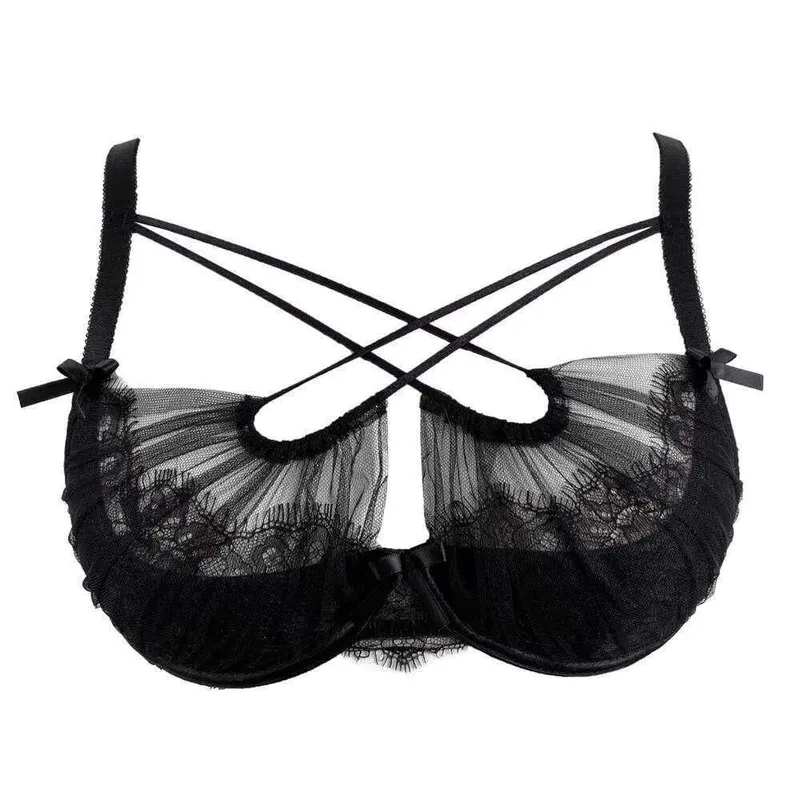 Fransk spetsbroderi Korsrem Underkläder Set Mesh Push Up BH Trosa Ihålig Sexig Kvinnor Intim Underkläder Kostym S-XL Festkläder — image 6
