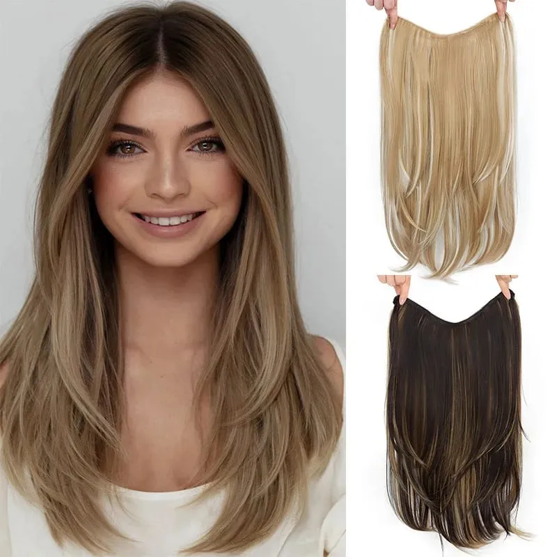 Synthetic Long Straight 22Inch Layered Clip-in Hair Extension V-shaped Black Blonde Invisible Hairpiece for Women Party Girl — image 2