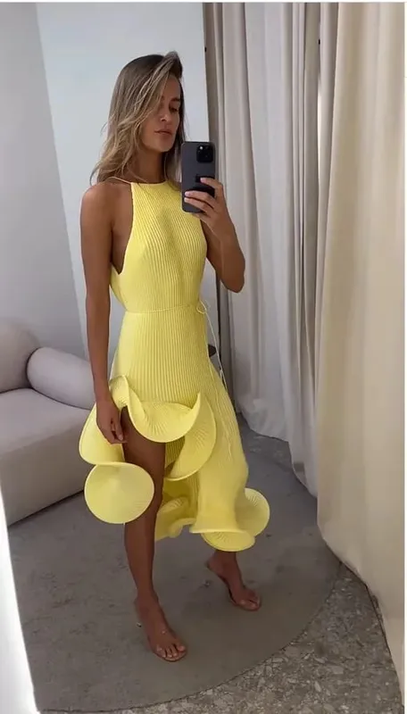 Kvinnor Romantisk Gul Grimma Maxiklänning Chic Ribbstickad Rufsig Hög slits Slim-fit Vestido 2026 Våren Trendiga Moderockar