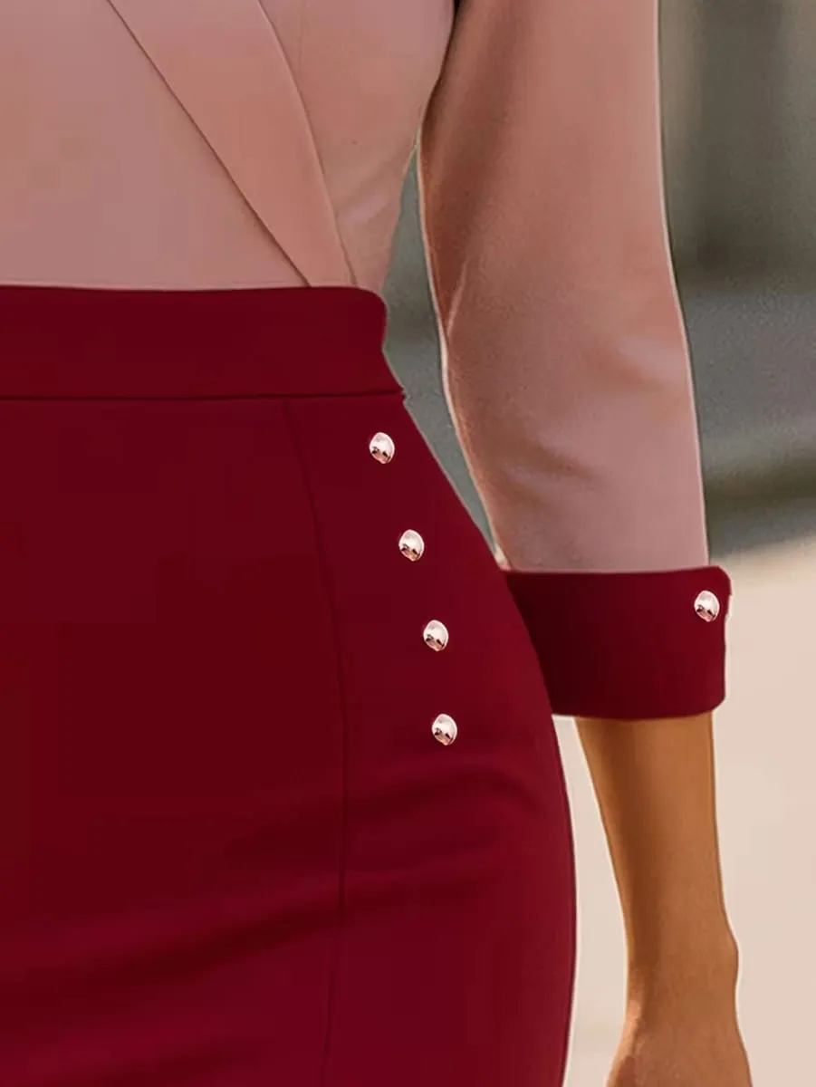 Womens Sexy Deep V Neck 2/3 Sleeve Work Attire Autumn Knee Length Button Business Casual Party Bodycon Pencil Dress — image 5