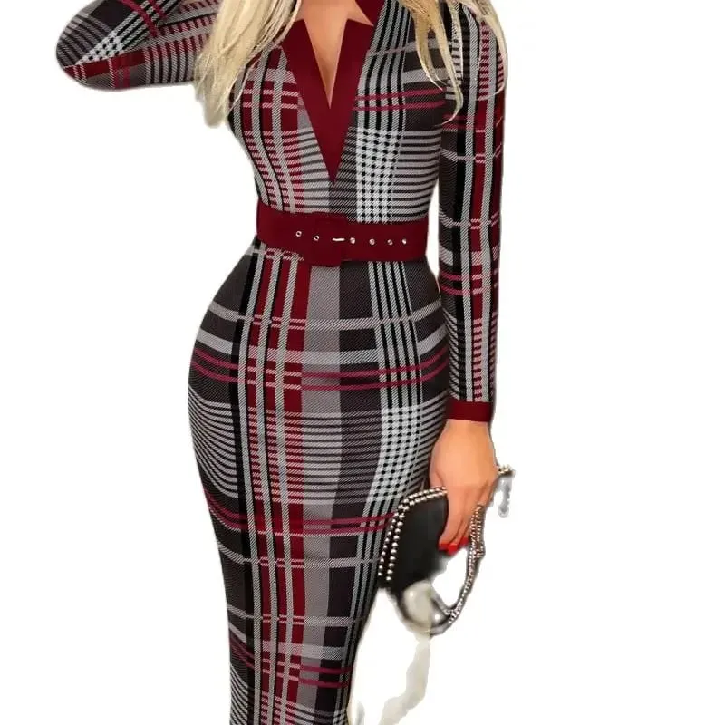 Sexig geometriskt mönster för kvinnor med v-ringad midi pennklänning med bälte Långärmad stickad Bodycon-klänning Lämplig för alla årstider — image 3