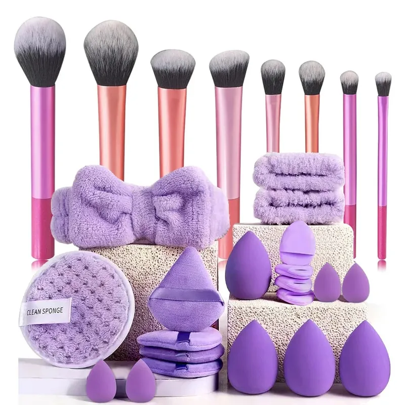 Makeup Brushes and Sponges Set Purple Makeup Puff Beauty Egg Headband Wristband Remover Kit Makeup Tool Gift 20-28pcs — image 1