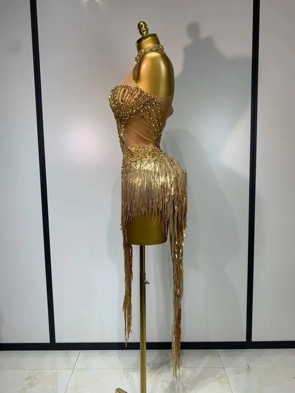 Sexy traje de palco brilhante strass malha transparente lantejoulas borla noite festa de aniversário boate dança cantor outfit — image 3