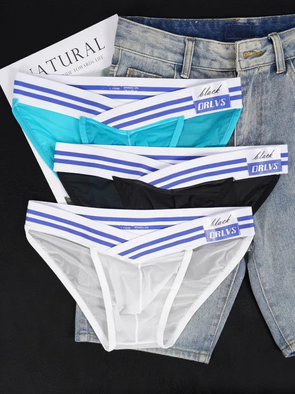 Men's Ice Silk Ultra-Thin Barely-There Mesh Sheer Briefs, Striped V-Shape Elastic Waistband Summer Daily Commute Underwear — image 5