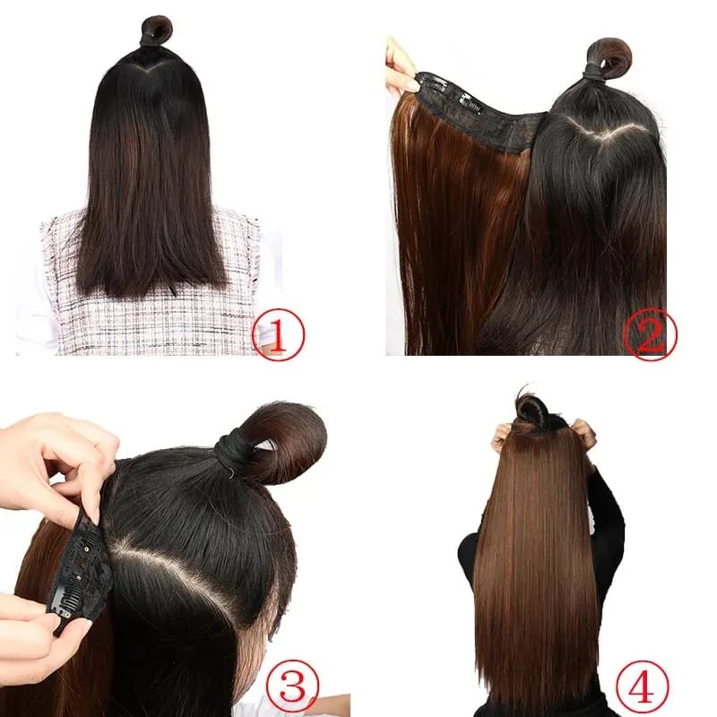 Synthetic 24Inch Long Straight One Piece Hair Extension 4 Clips V-shaped Hairstyle Black Brown Hairpiece for Women Daily Use — image 6