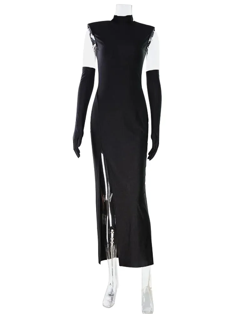 Ahagaga Fashion Women's Maxi Dress na May Scarf Half Turtleneck Solid Sheath Bodycon High Split Party Eelgant Trend Vestidos Robes — image 7