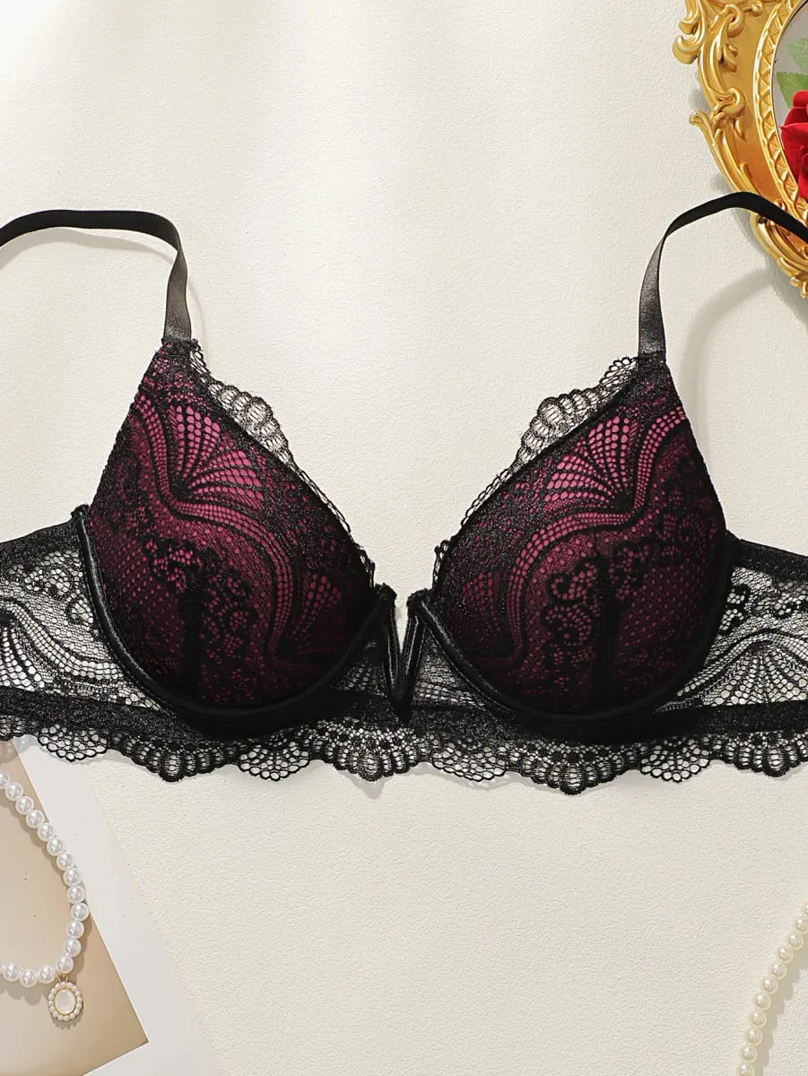 Ladies' elegant perspective deep V-ring bra with full coverage and lifting semi lace texture pure black low cut underwear L093 — image 3
