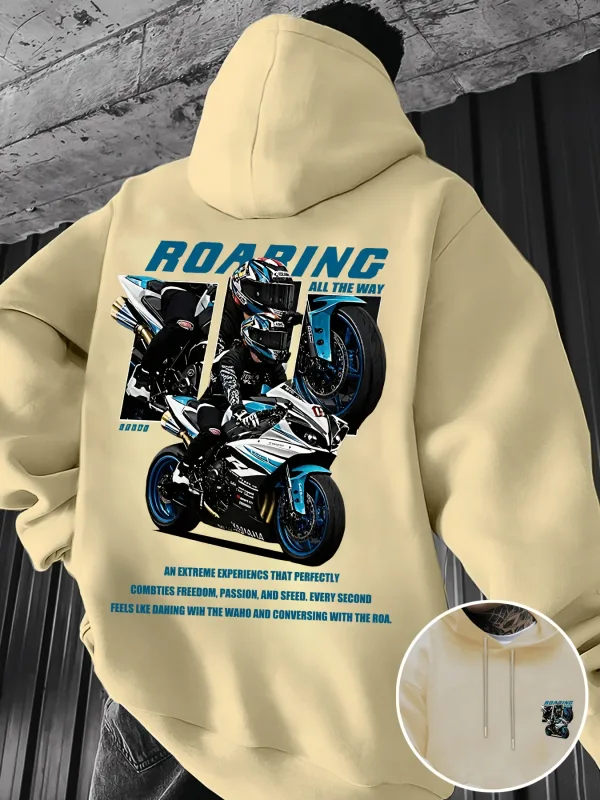 Winter and Autumn Men's Street Fashion Hooded Sweatshirt with "motorcycle" Print Pattern Fleece for Outdoor Warm Cozy Feeling — image 3