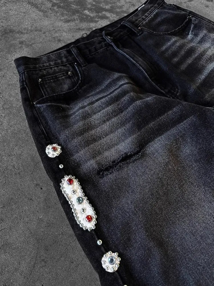 Mens Jeans Punk Vintage Streetwear Black Wide Leg Denim Pants Rhinestone Pearl Decor Ripped Distressed Loose Fit Y2K Fashion — image 3