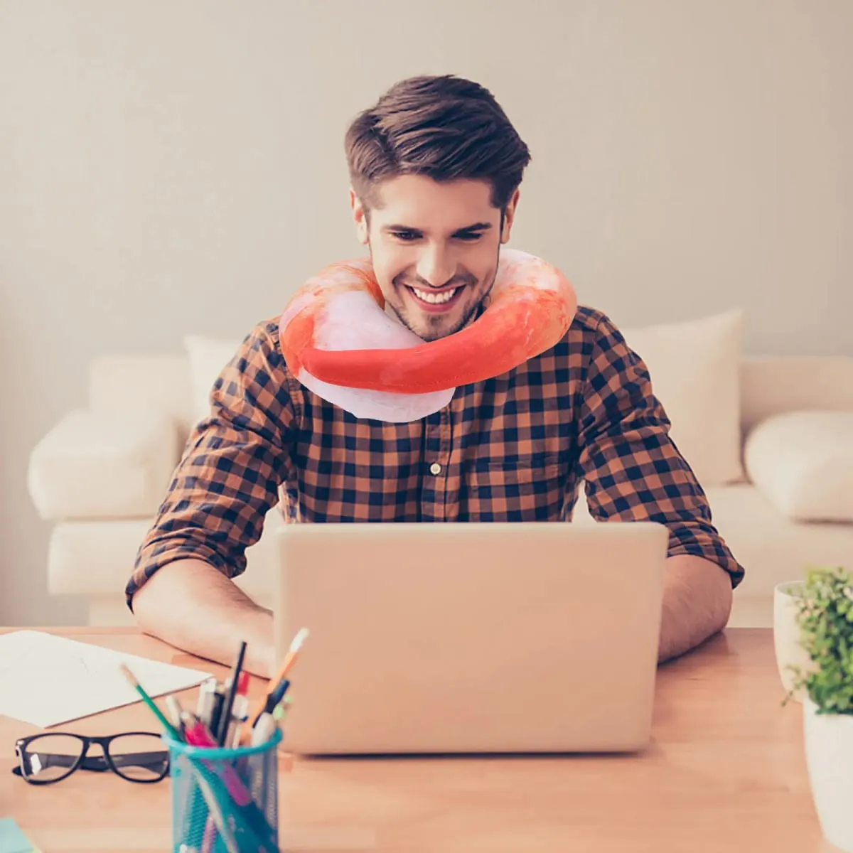 Cute Cartoon Shrimp Shape Neck Pillow for Travel Airplane Car Office Nap Relief Support Portable U-Shaped Cervical Cushion — image 2