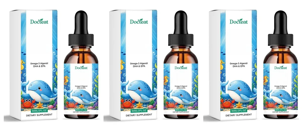 Docteat Plant Based Omega-3 Algae Oil DHA EPA Liquid Drops Kids Brain Health Vegan Non-GMO Daily Nutrition Orange 60 Servings