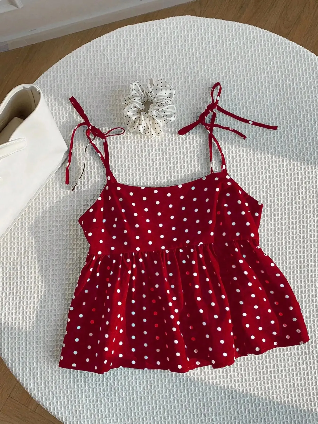 Women's Polka Dot Crop Cami With Spaghetti Straps And Flared Hem Polka Dot Camisole Babydoll Top Babydoll Tops Polkadot Top Cute
