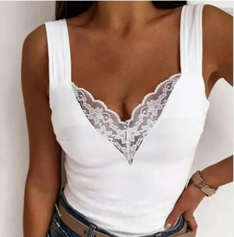 Sexy Lace Tank Tops Women V-Neck Top T-Shirt For Women Casual Hollow Out Basic Camisole Female Perspective Tanks Sleeveless