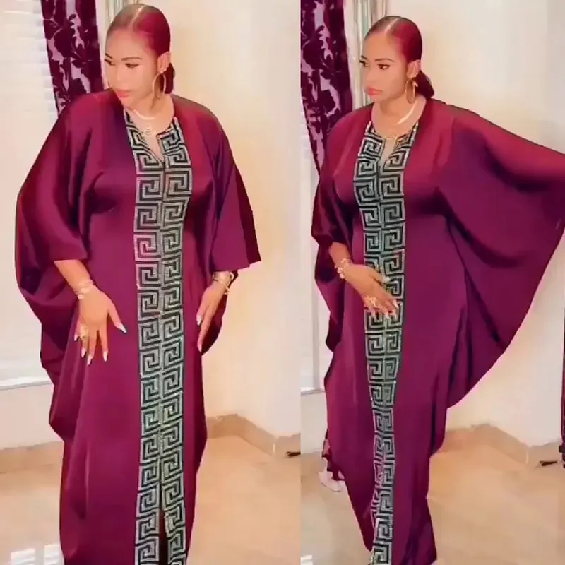 Mode afrikansk kvinna stor storlek fladdermössärmad klänning muslimsk islamisk stil Robe imitation siden Hot Fix Strass — image 5