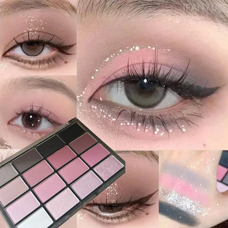 16 Colors Black Pink Eyeshadow Palette Glitter Shimmer Pearlescent Matte Low Saturation Style Long Lasting Eye Shadow Eye Makeup — image 2
