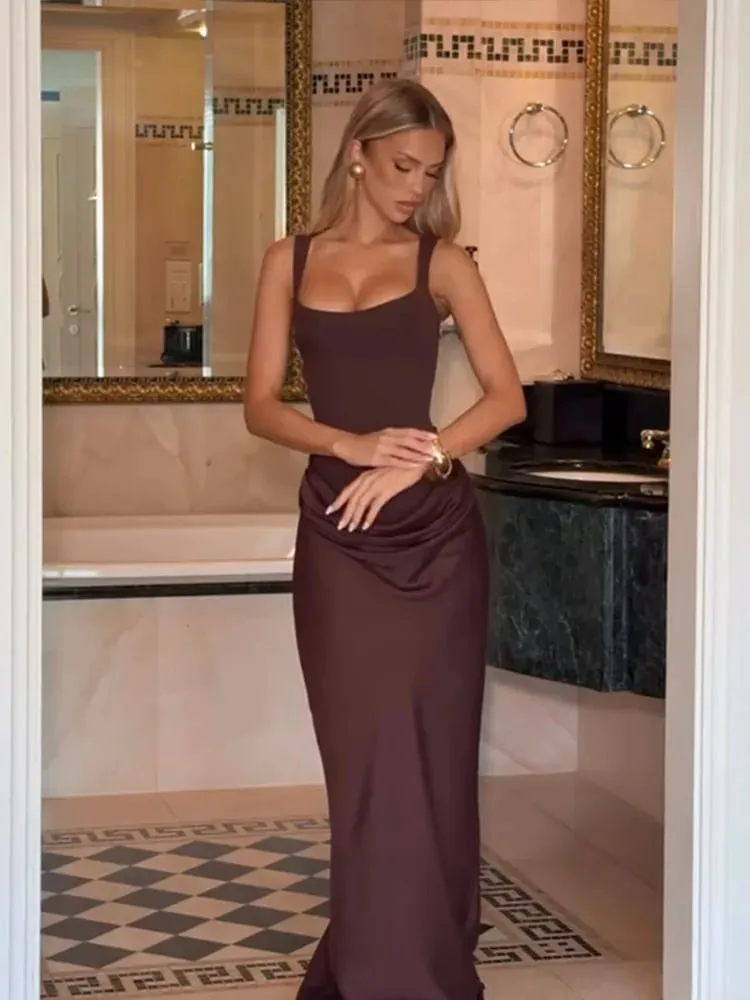 Sexy Women Square-neck Halter Maxi Dress 2026 Pleated Sleeveless Backless High Waist Bodycon Dresses New Summer Lady Party Robes — image 5