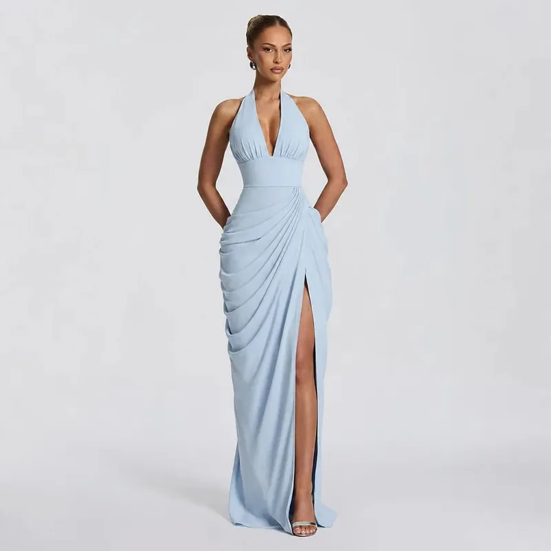 Sexy Women Solid Halter Maxi Dress Elegant Deep V Neck Sleeveless Ruched High Slit Dresses Evening Party Fashion Female Clothing — image 1