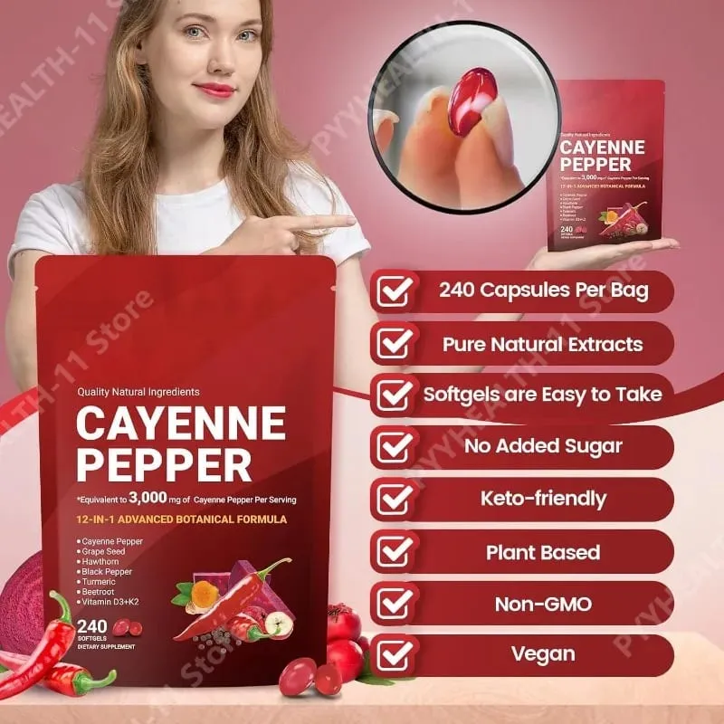 Cayenne Pepper Softgels อาหารเสริมเมล็ดองุ่นบีทรูทขมิ้นวิตามิน D3 K2 สมุนไพรรองรับหลอดเลือดดำขาเลือดเรือสุขภาพ