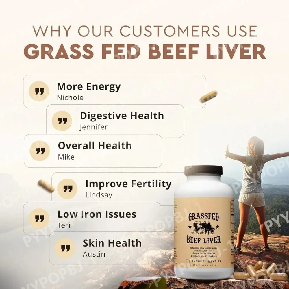 Cápsulas de fígado bovino alimentado com pasto 500 mg cada pasto criado suplemento de fígado bovino não OGM 180 cápsulas — image 6