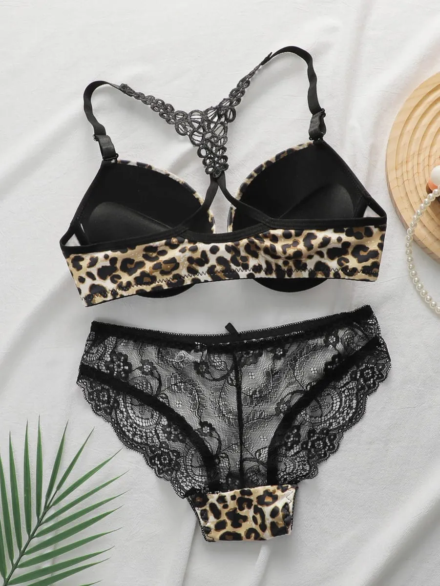 Conjunto de sutiã com fechamento frontal com estampa de oncinha, conjunto de lingerie push up com armação para mulheres, bralette de renda sexy e calcinha, roupa de duas peças — image 2