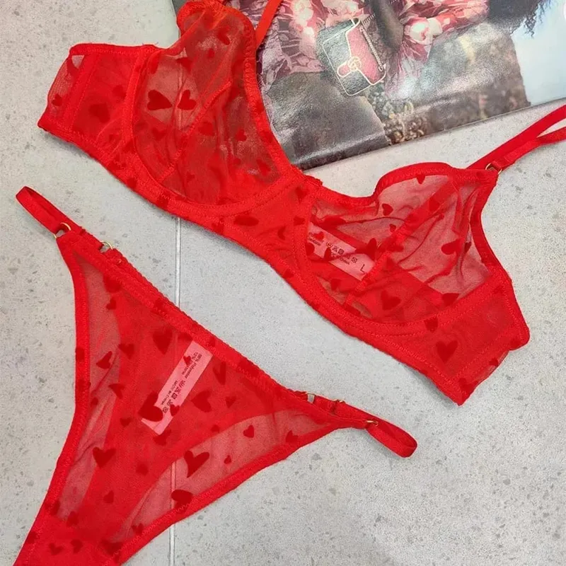 2 peças conjunto de lingerie sexy ultra fino respirável sutiã para mulher push up sutiã conjunto verão malha romântico pêssego coração íntimos — image 12