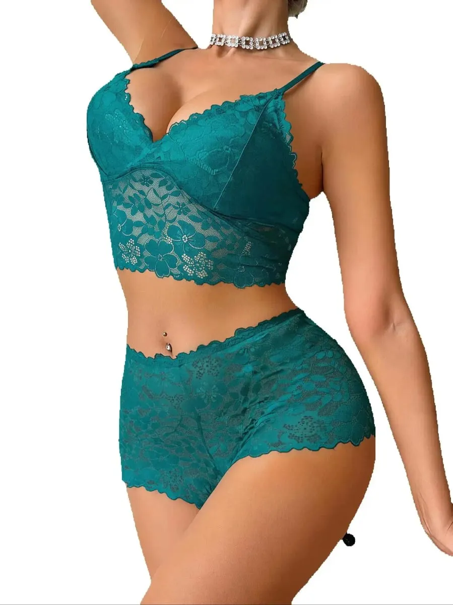 Sexy Lace Women's Underwear Set Wireless Unlined Bra Breathable Sheer Panties Solid Lingerie Set — image 4