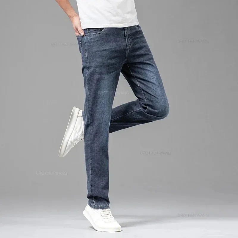 Marca de verão masculina ajuste reto leve algodão estiramento jeans negócios casual cintura alta fina luz cinza calças dos homens — image 6