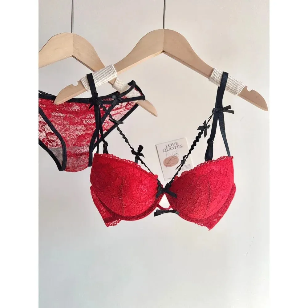 セクシーなWedding Bridal Red Lace Underwear Set Bowknot Push Up Bra For Small Bust Women Party Pure Look Intimate Lingerie — image 5