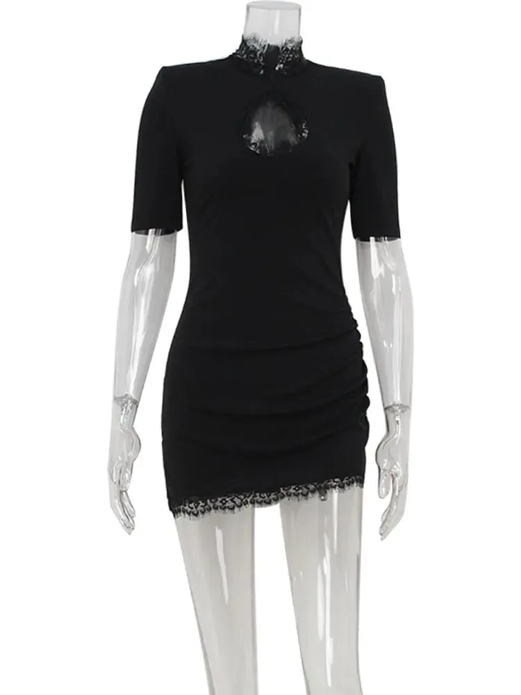 Oco para fora bodycon bainha gola alta rendas retalhos vestidos femininos meia manga outfits sexy clube moda feminina vestidos — image 6