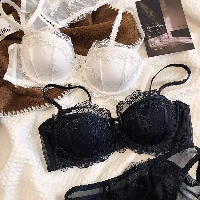 French Embroidered Lace Lingerie Two-Piece Set Lightweight Breathable Soft Underwired Bra with Light Support for Smaller Busts — image 1