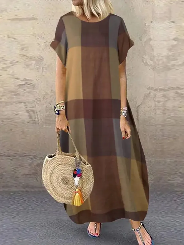Boêmio xadrez verificado vestido de verão manga curta vestido longo moda férias festa femme casual solto robe 2025