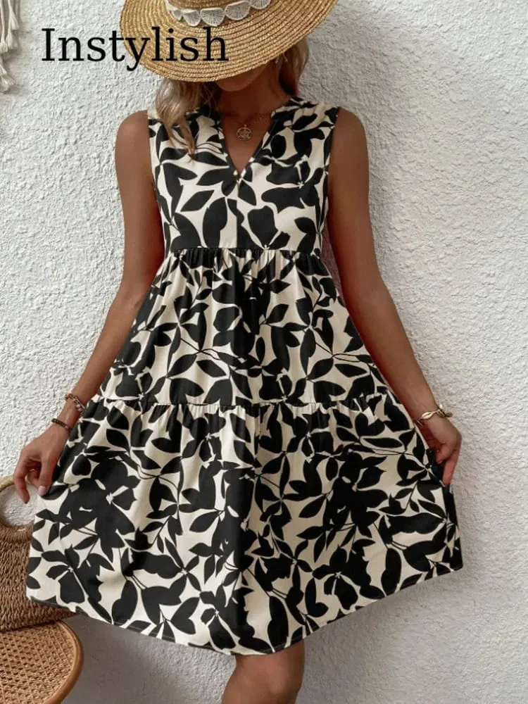 Mulheres boho impressão mini vestido de verão elegante sem mangas com decote em v plissado a linha vestido tanque casual solto oversize praia festa vestido de verão — image 5