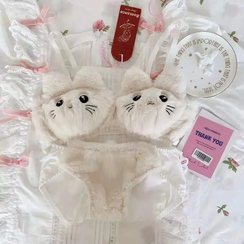 יפנית Kawaii בפלאש נשים סט חזיית ילדה חמודה חתול נוחה סט חזייה מצוירת הלבשה תחתונה מקסימה רכה לסטודנטים — image 6