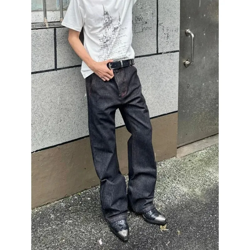 Men American Vintage Denim Red Stitch Raw Black Straight Micro Flare Jeans Slim Fit Fashion Casual Stretch Long Denim Trousers — image 3