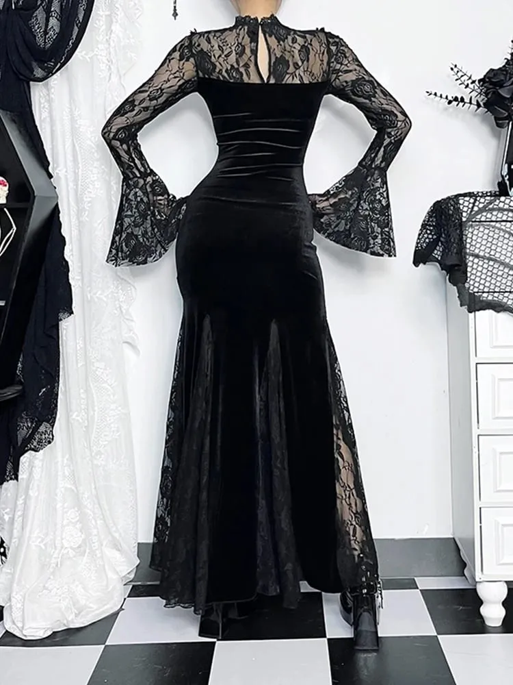 Altgoth estético gótico midi vestido feminino vintage elagnt rendas retalhos ver através da manga alargamento cintura alta clubwear vestido femme — image 6