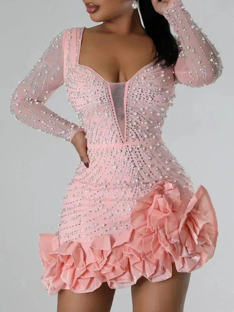 2025 Party Dresses Beading Diamond Long Sleeves Ruffles para sa mga kababaihan Makintab Elegant Wedding Guest Gown Okasyon Ipagdiwang ang Kaarawan — image 2