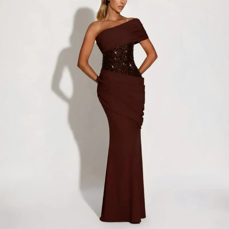 Suninheart One Shoulder Evening Dress for Women Elegant Draped Sequins Dress Long Back Lace Up Mermaid Maxi Party Dress