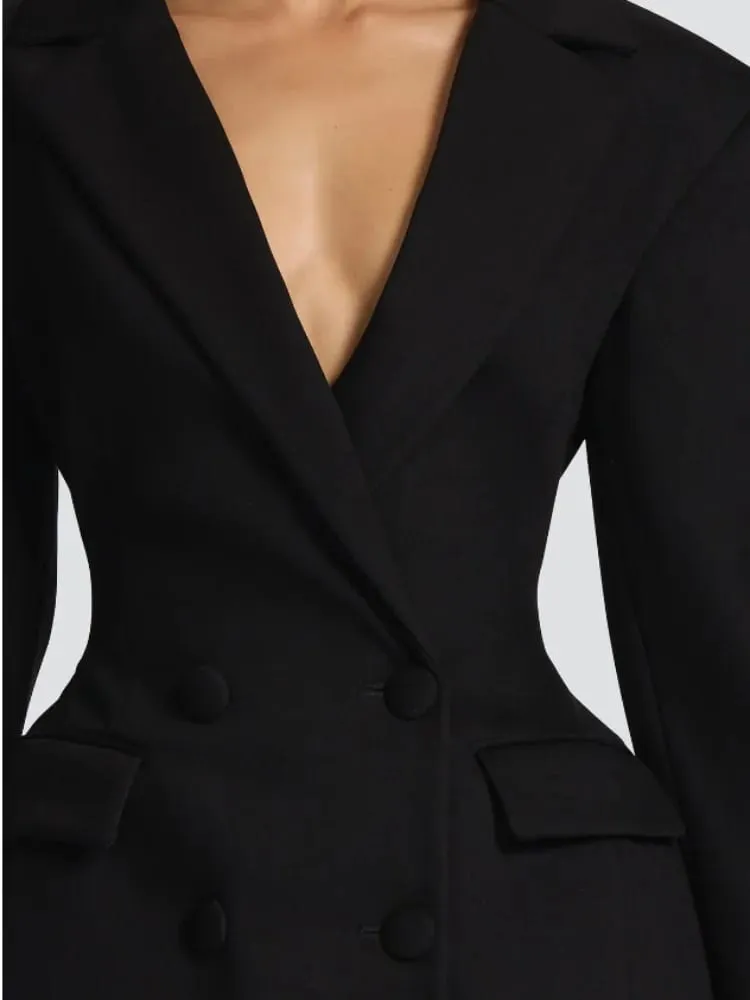 Senhora cintura sólida cinching blazer vestido moda manga cheia lapela com decote em v duplo breasted magro vestidos 2026 escritório vestido de rua — image 2