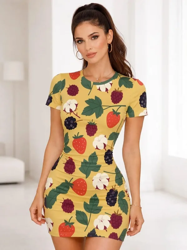 Womens Short Sleeve Bodycon Mini Dress Slim Fit Crew Neck Floral Print Casual Summer Party Cute Trendy Elegant Vacation Sundress — image 8