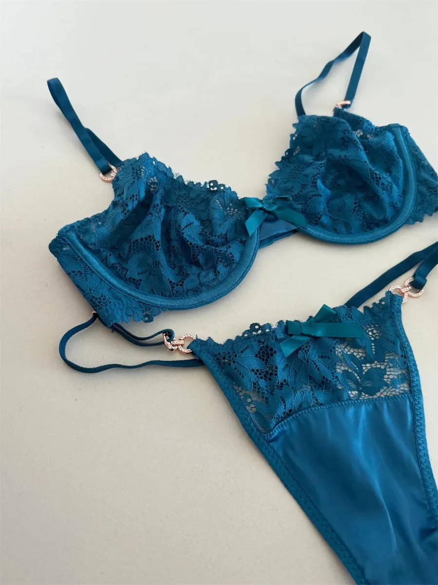 Charming niche satin treasure blue lingerie lace sexy thin steel ring top support natipon bra set women underwear — image 2