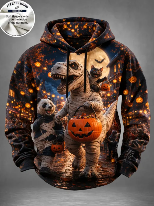 English: Halloween Haunted House Ghost Pumpkin Bat Print Hoodie Men Fleece Lined POD Sweatshirt Casual Long Sleeve Pullover
