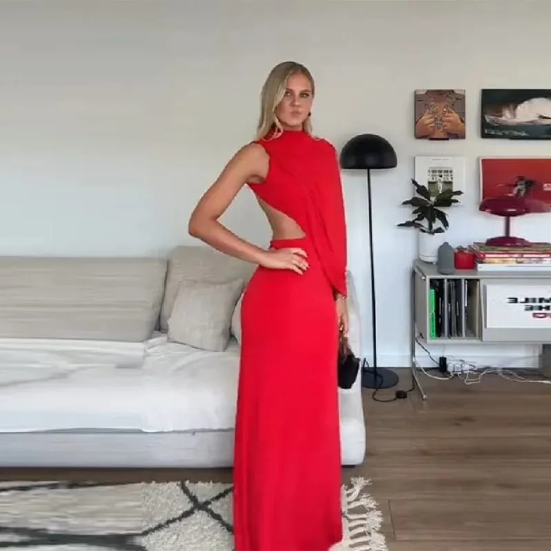 Red Asymmetrical Draped Backless Maxi Dress One Shoulder High Neck Cutout Bodycon Evening Gown For Women Formal Party — image 2