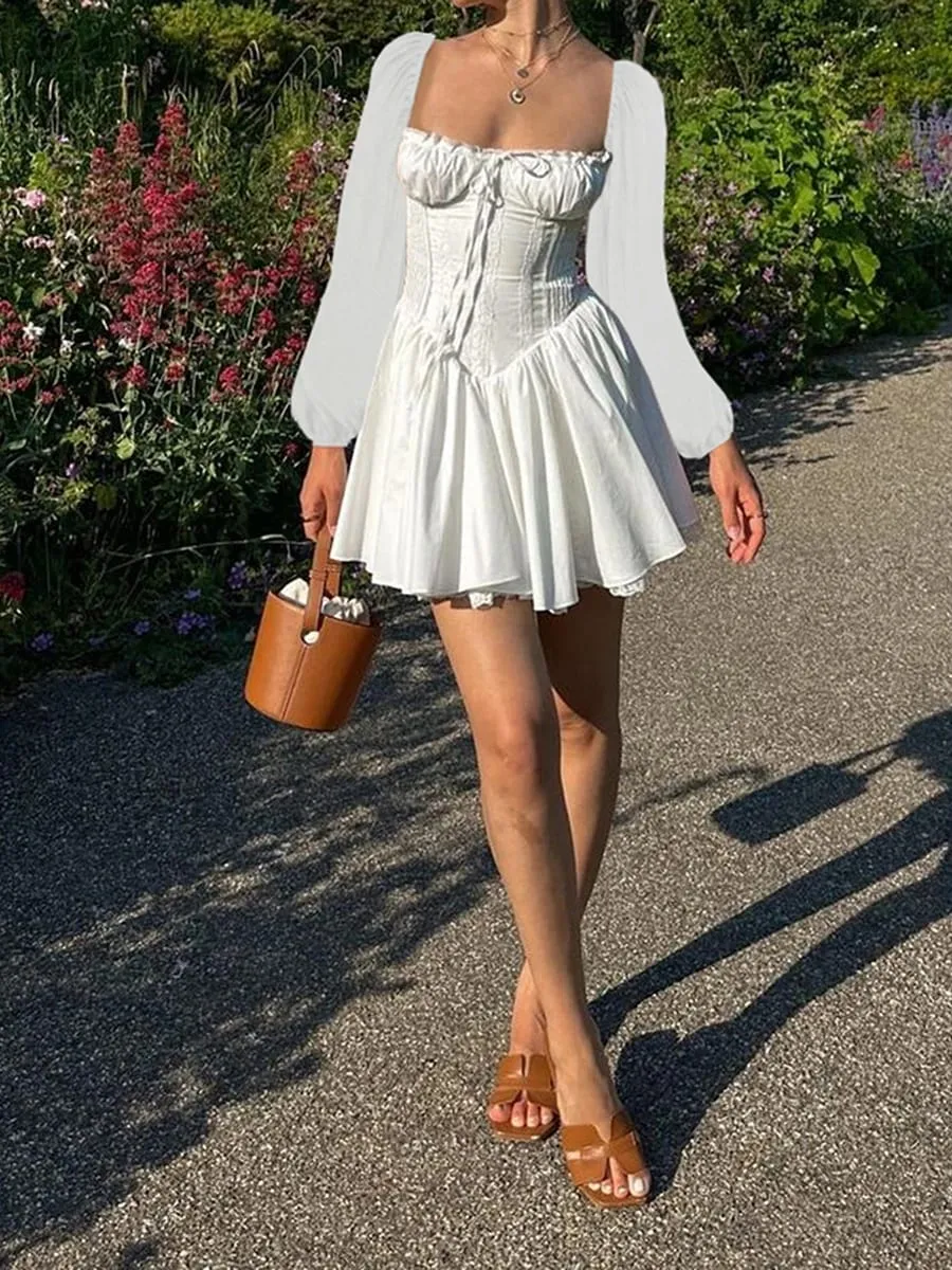 Klänning med fyrkantig hals volanger med snörningskorsetter Bälte utsvängd långärmad vintage blommig A-linje svängklänningar