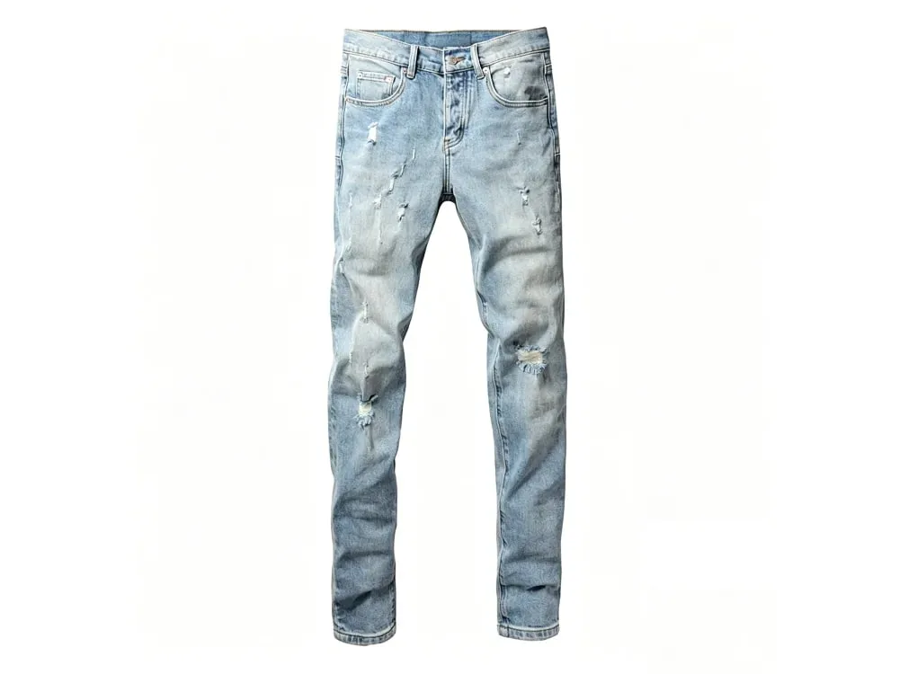 Men's Slim Taper Ripped Jeans Vintage Light Blue Wash Frayed Edges Button Fly High Street Style Denim Pants — image 8