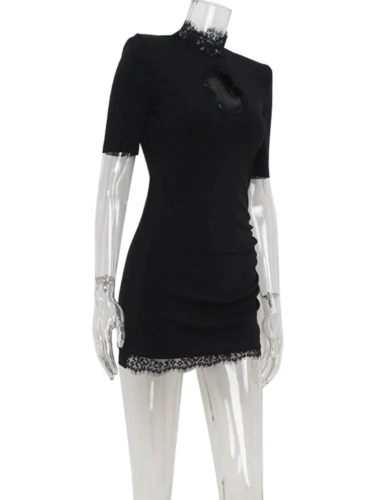Oco para fora bodycon bainha gola alta rendas retalhos vestidos femininos meia manga outfits sexy clube moda feminina vestidos — image 7