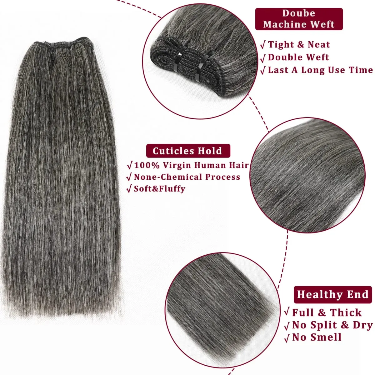 Yaki Straight Salt And Pepper Human Hair Bundles 12Inch Double Drawn Virgin Brazilian Hair Extensions For Women 100g/Pack — image 2