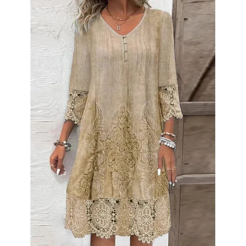 Moda vestidos de verão 2024 verão novo padrão 3d renda emenda oco para fora midi vestido casual vestidos de manga curta senhora