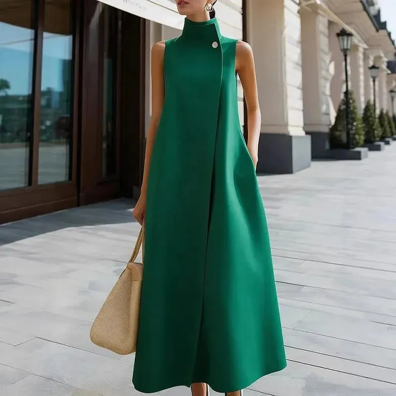 Simple Fashion Single Button High Neck Maxi Dress Women Spring Solid Pocket A-Line Long Dress Summer Sleeveless Bohemian Dresses — image 5