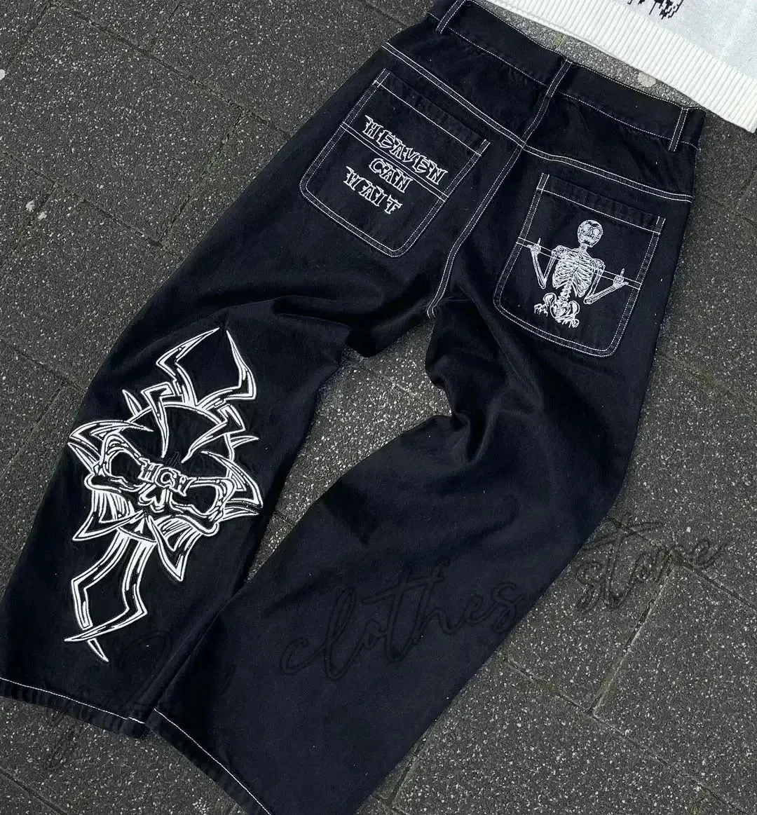 American Y2K Hip Hop Fashion Trend Skull Embroidery Spot Jeans Men Street Loose Straight Wide-leg Pants Couple Oversized Jeans — image 11